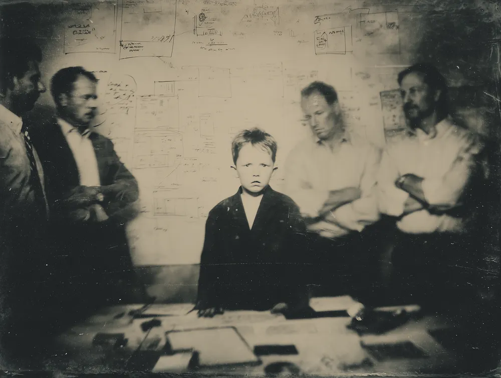 Photo passée de trois hommes et un garçon autour d’un bureau, un mur de notes derrière eux
