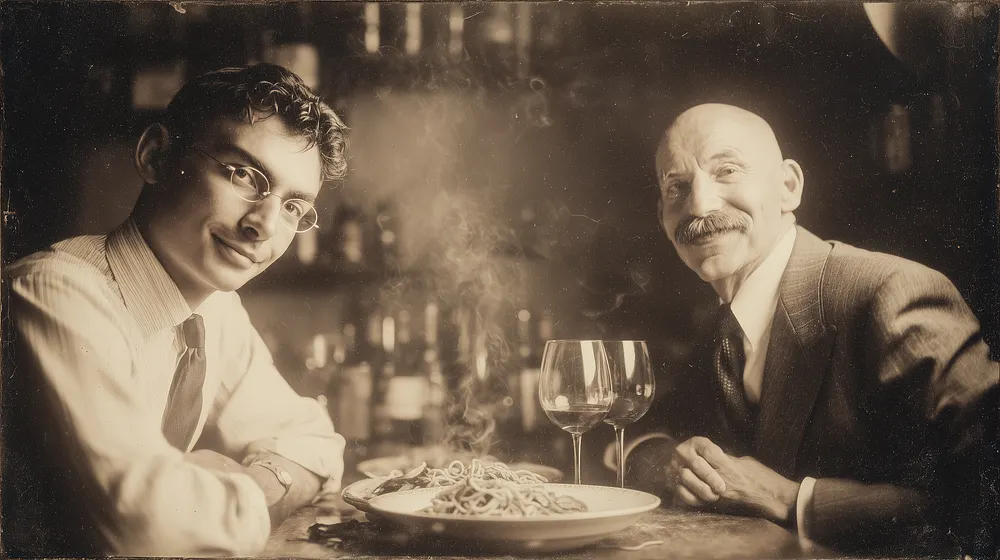 Deux hommes à une table de restaurant devant une assiette de linguine et deux verres de vin