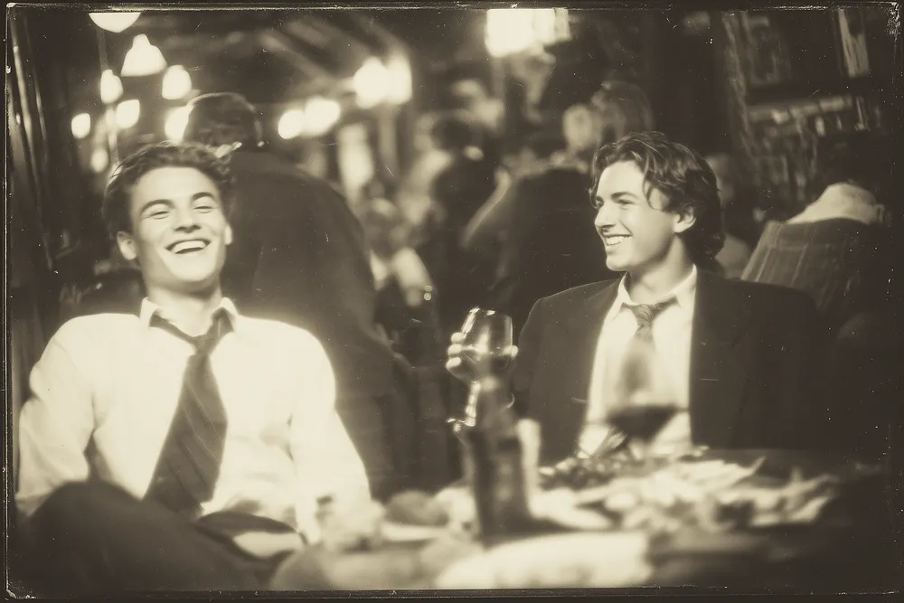 Photo noir et blanc de deux jeunes hommes qui rient à une table de dîner, une bouteille de vin entre eux