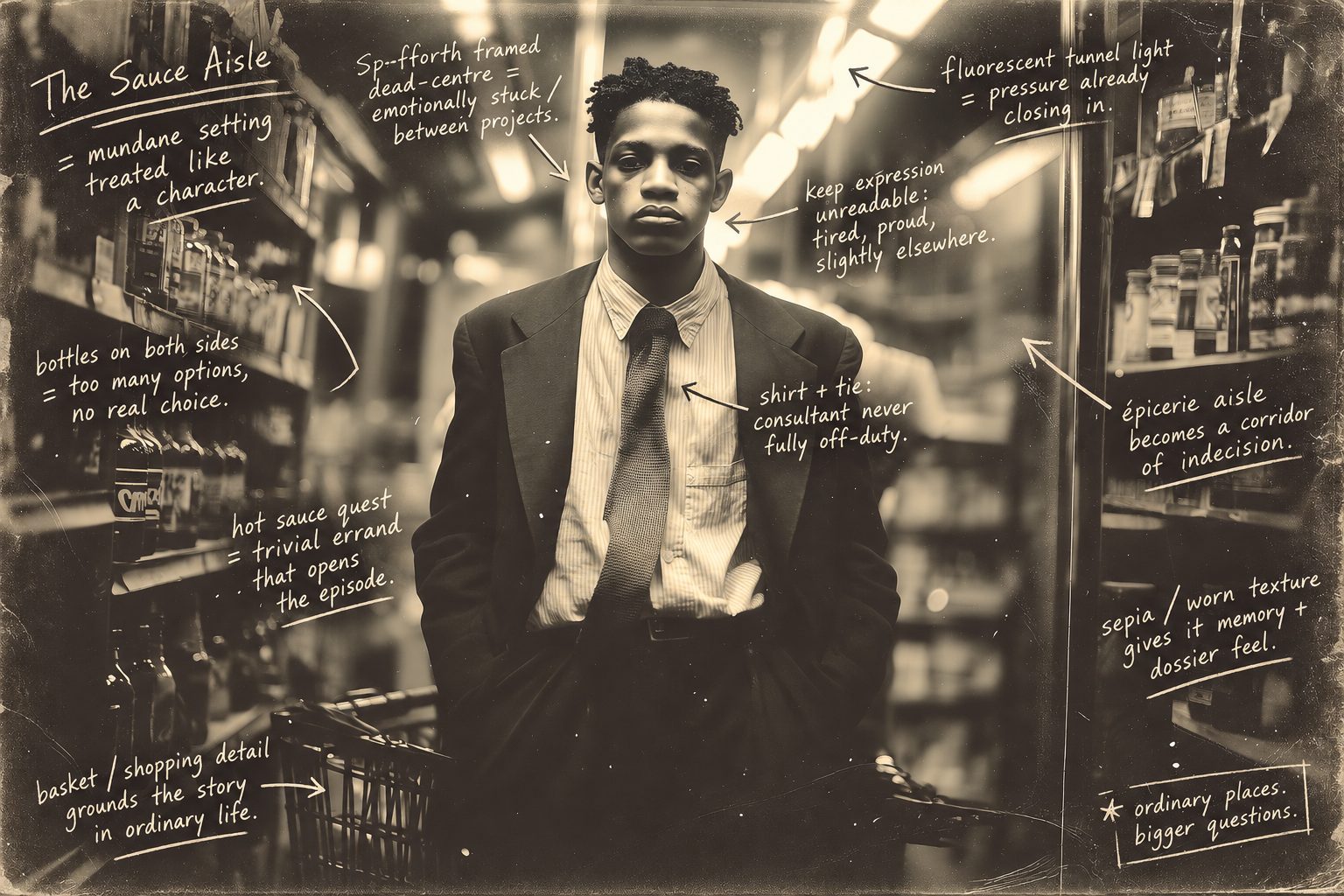 Slide Zero — the sauce aisle: annotated still of Spofforth, the hero of the fiction